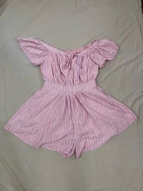 Showpo Romper pink white stripe size 8 coquette summer off the shoulder girly